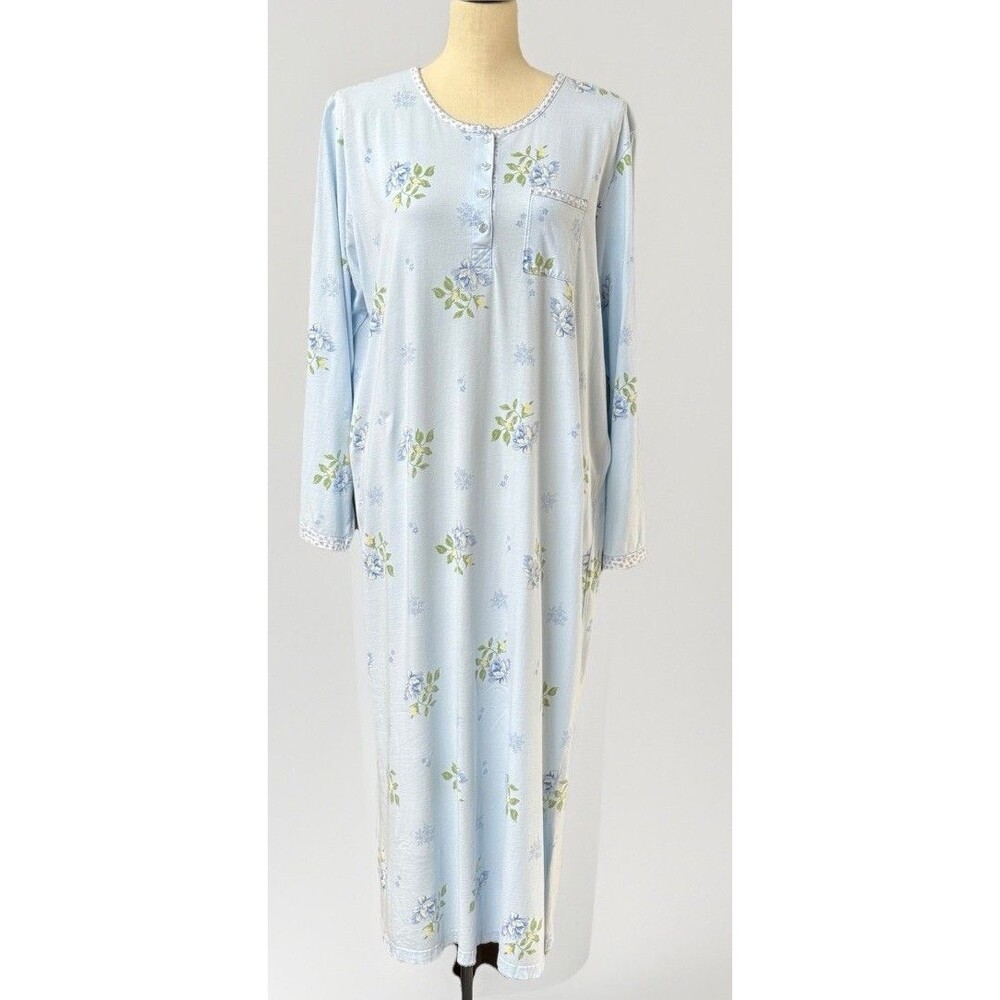 Vintage Erika Taylor Nightgown XL Made in Hong Kong Blue Floral 100% Cotton Lace